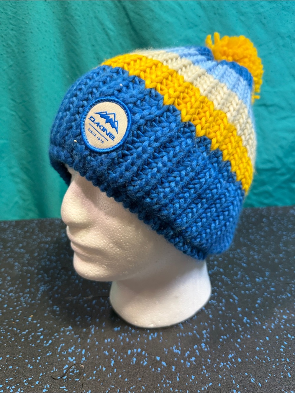 Dakine Blue & Yellow Knit Pom Beanie